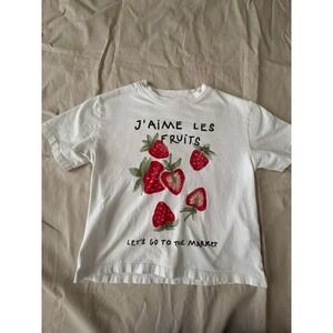 Zara Kids Girls Strawberry Print T-Shirt White Short Sleeve Size 8-9 Cute Tee